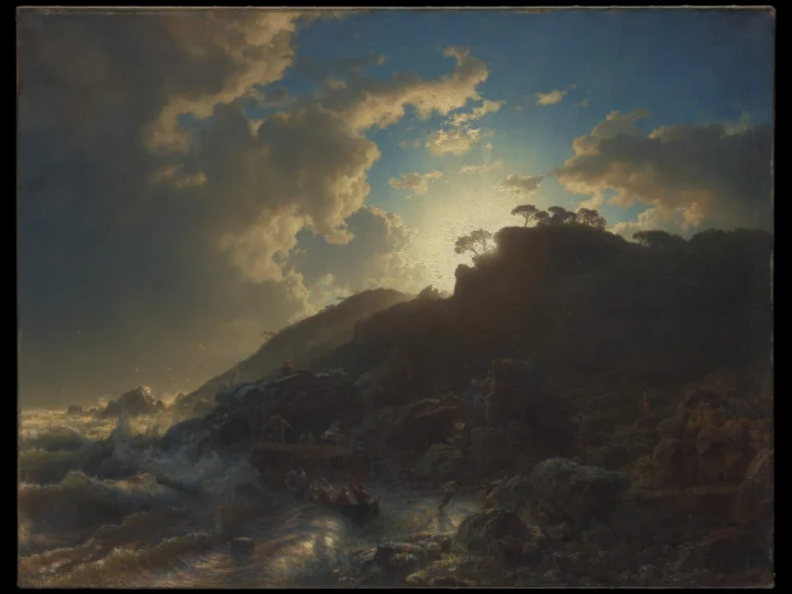 Gemälde einer felsigen Küste im Abendlicht von Andreas Achenbach