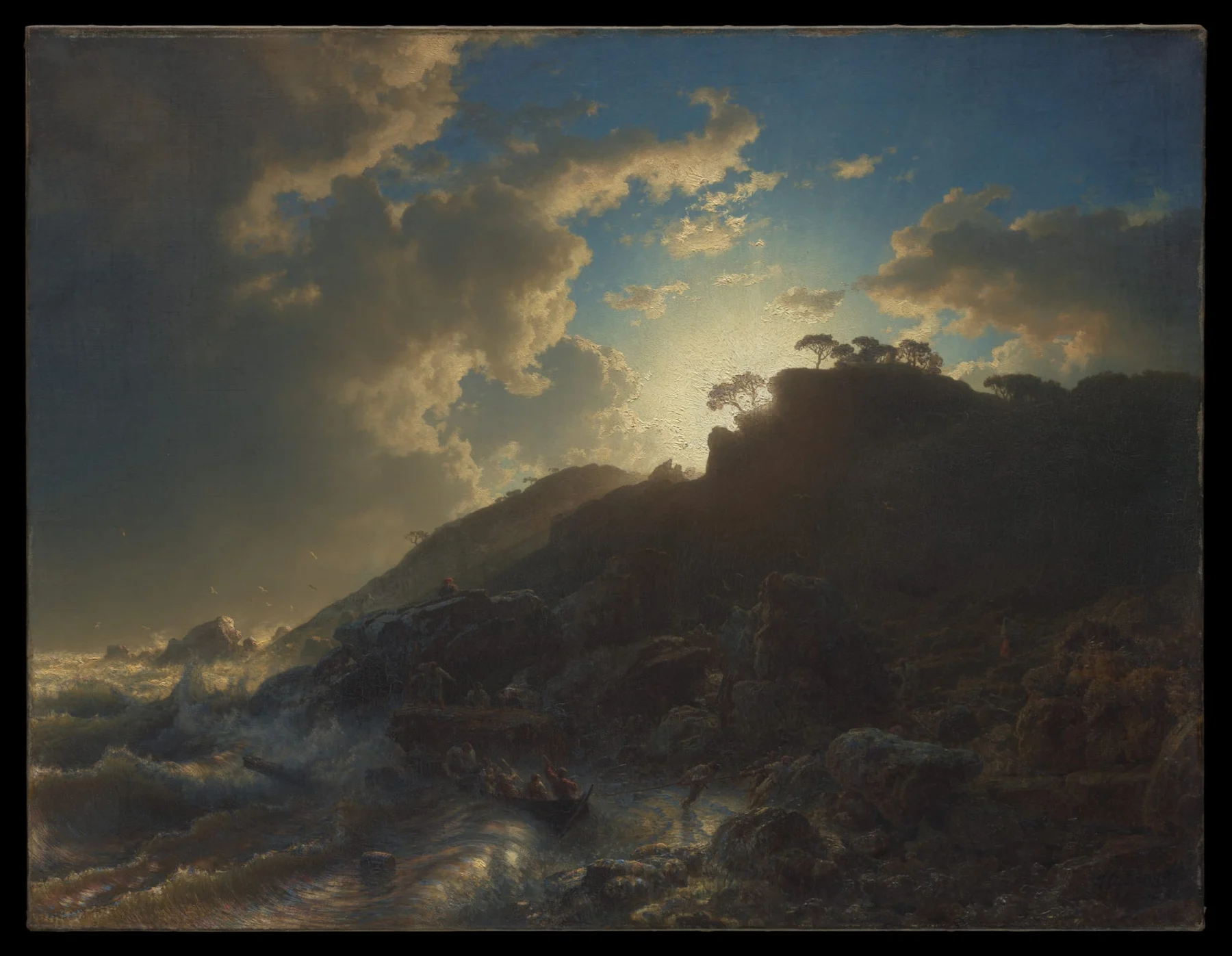 Gemälde einer felsigen Küste im Abendlicht von Andreas Achenbach